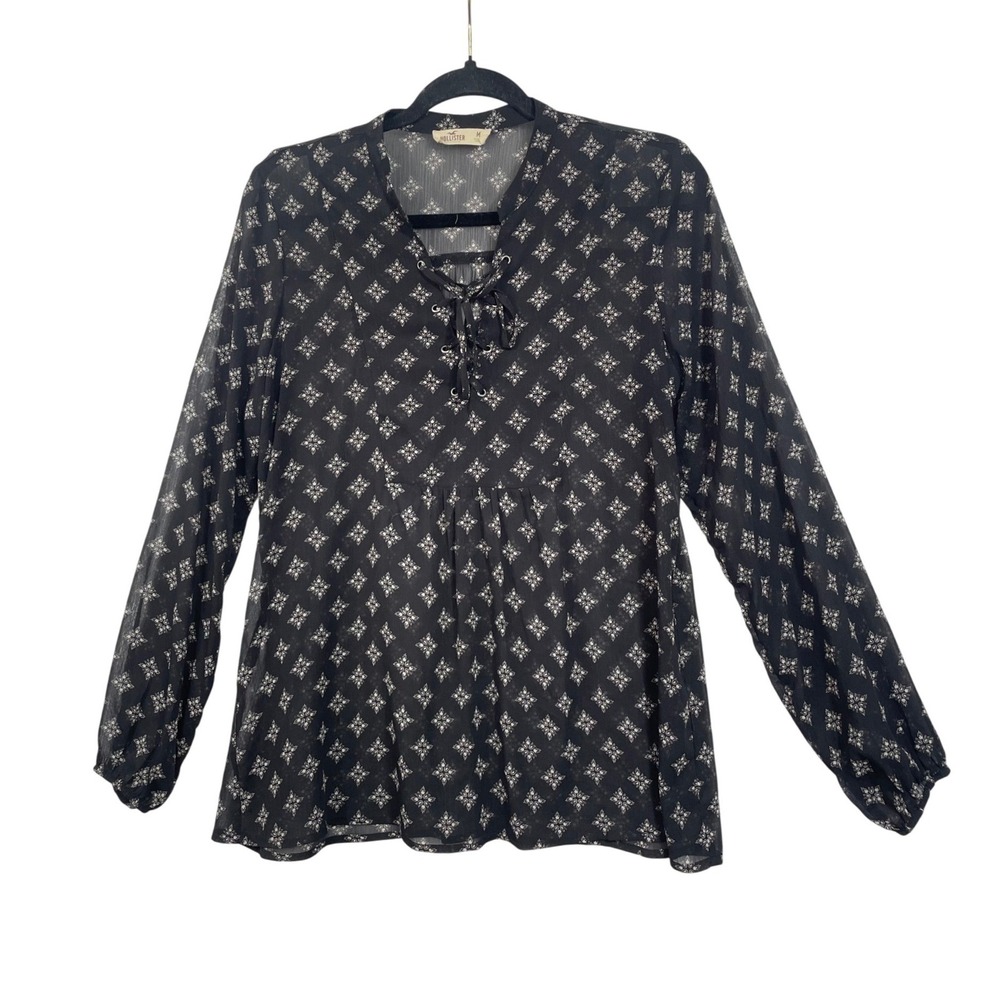 Hollister Peasant Blouse Womens‎ Medium Black White Lace Up Sheer Chiffon